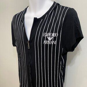 EMPORIO ARMANI ITALY MENS THSIRT BLACK WITH WHITE STRIPES ZIPPER DOWN SIZE SMALL